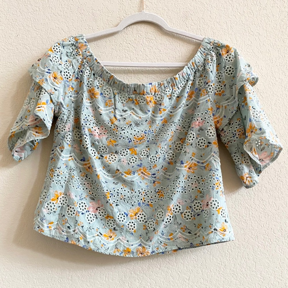 Anthropologie LAIA Light Blue Floral Eyelet Off Shoulder Ruffle Sleeve Top L‎